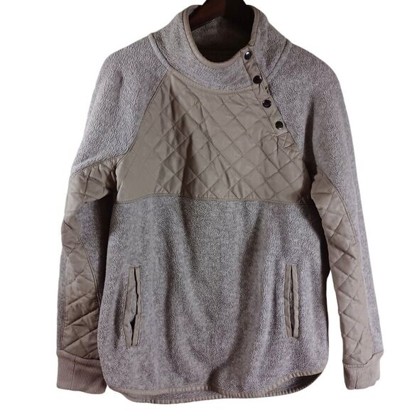 Abercrombie & Fitch Women's M Sherpa Fleece Pullover Quilted Snap Oatmeal Taupe - Picture 2 of 7